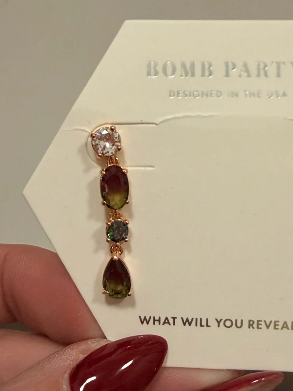 BOMB PARTY Gold-Tone Green & Iridescent Drop Earrings - Picture 2 of 8